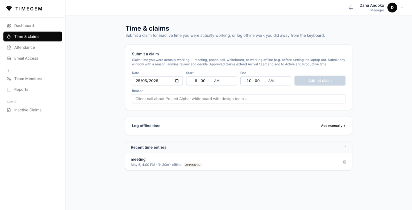 Timegem time claims and offline work logging interface