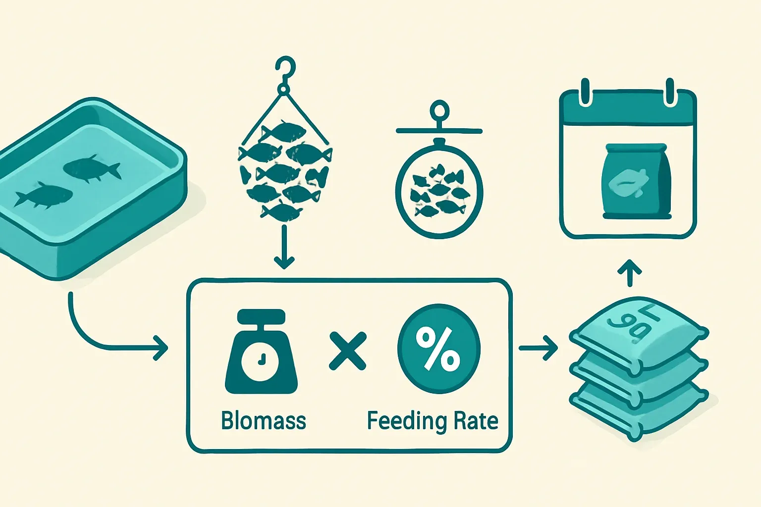 AI-generated infographic showing a feed-calculation flow: biomass times feeding rate converting to bagged feed