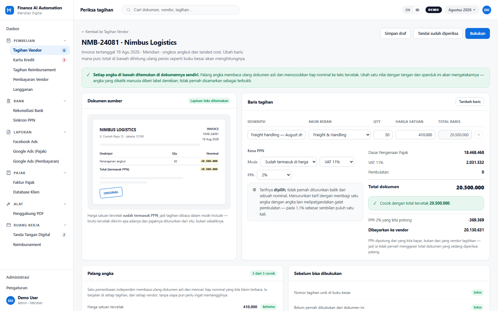 Editor pemeriksa Finance AI Automation dengan baris yang bisa diubah dan total terverifikasi