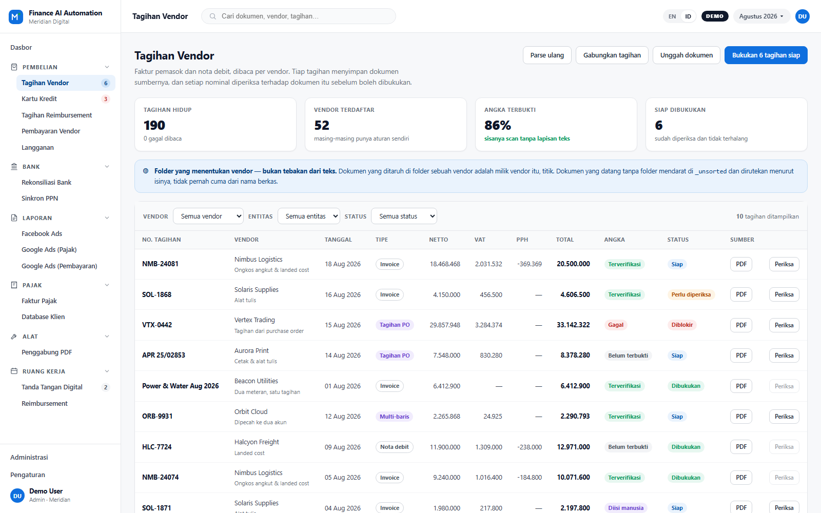 Daftar tagihan vendor Finance AI Automation dengan lencana verifikasi dan pratinjau dokumen