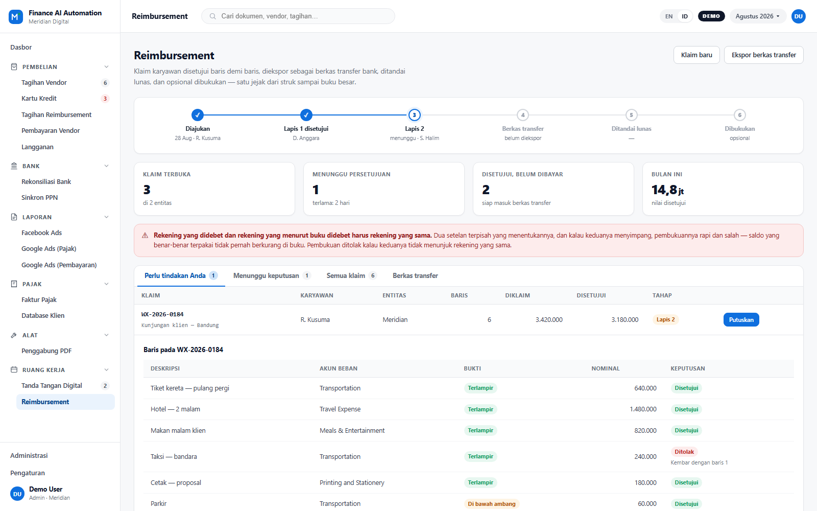 Klaim reimbursement Finance AI Automation dengan rel persetujuan dan keputusan per baris