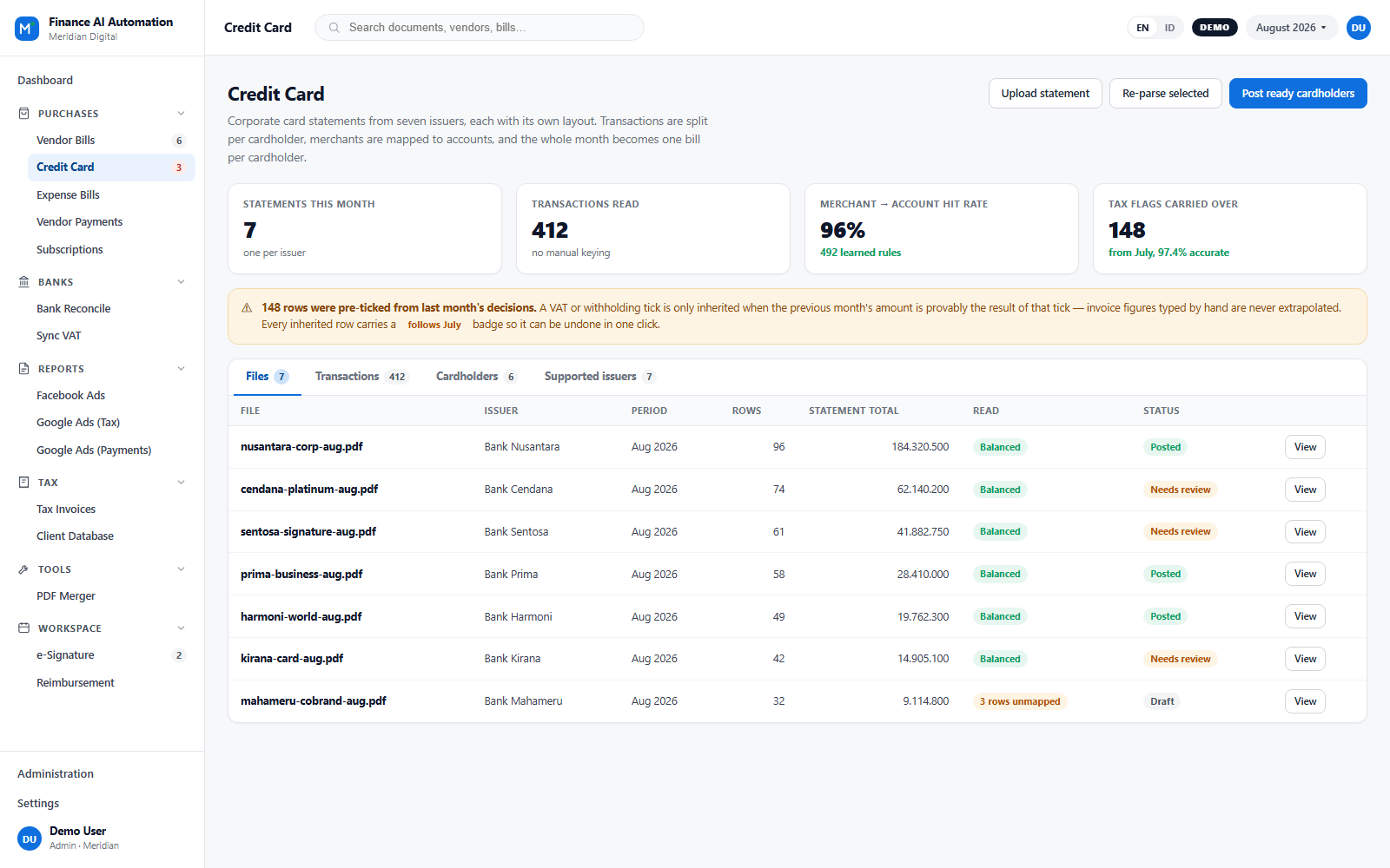 Finance AI Automation card-statement screen with files, transactions and cardholders