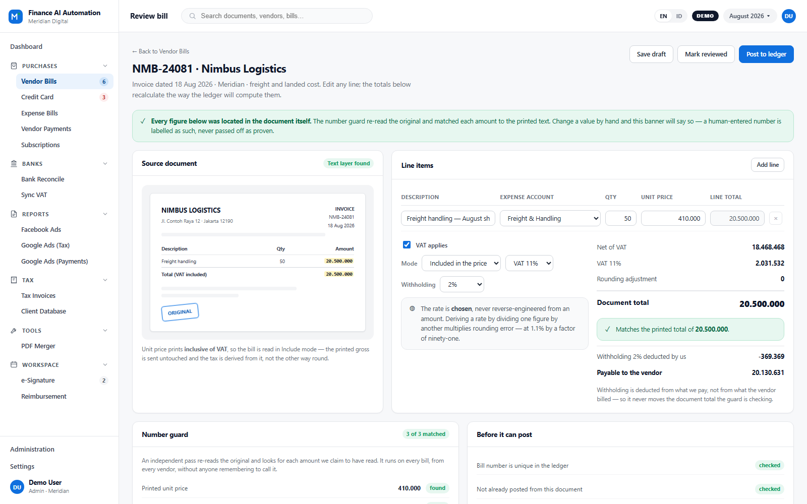 Finance AI Automation review editor with editable lines and live, verified totals