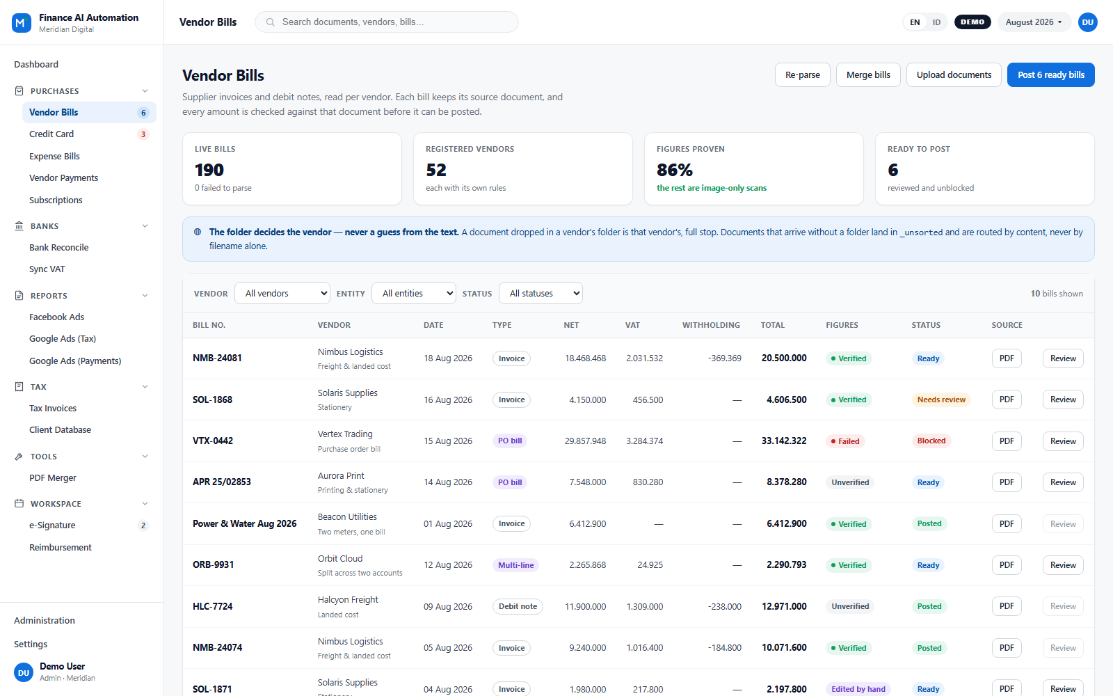 Finance AI Automation vendor-bill list with verification badges and a document preview