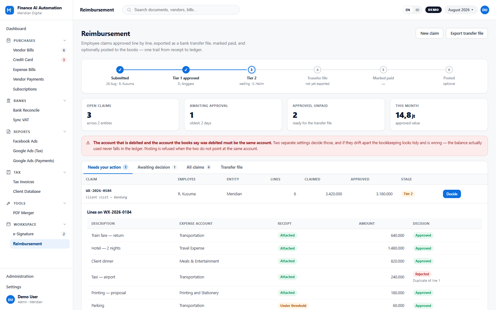 Finance AI Automation reimbursement claim with an approval rail and per-line decisions