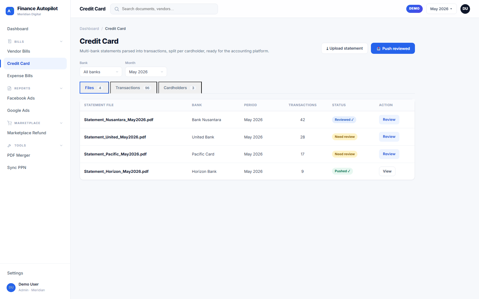 Finance Autopilot credit-card agent parsing statements from multiple banks
