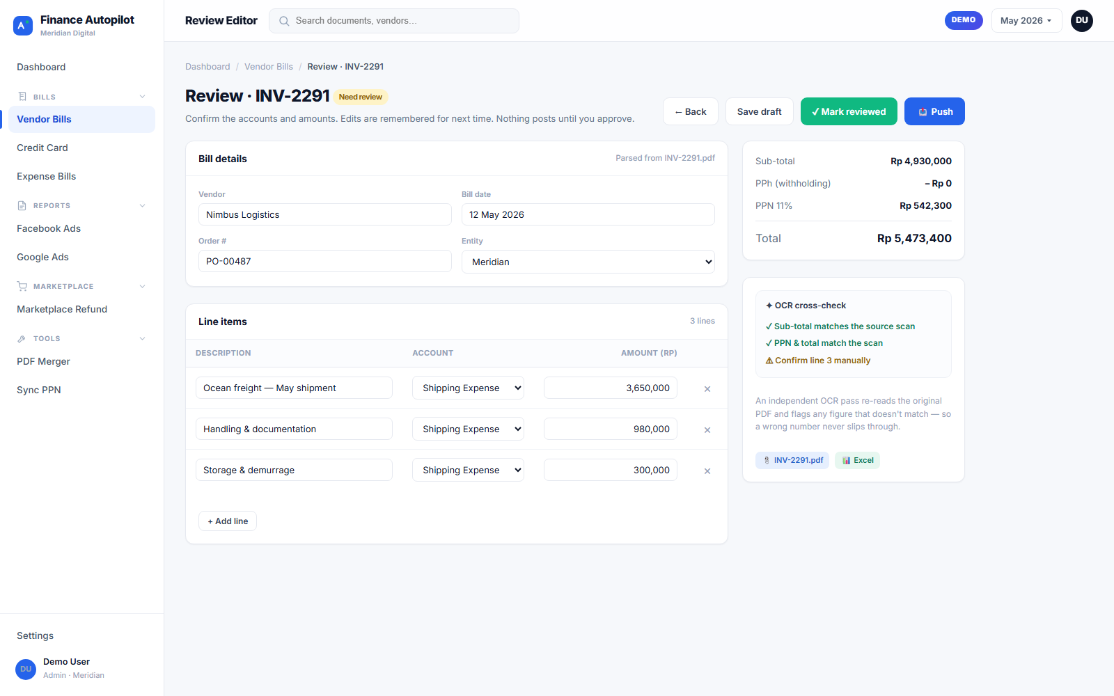 Finance Autopilot review editor with editable line items and OCR cross-check panel