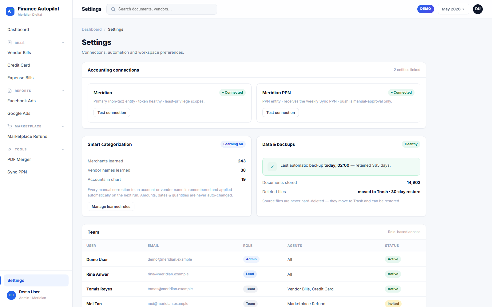 Finance Autopilot settings with connections, smart categorization, backups and team roles