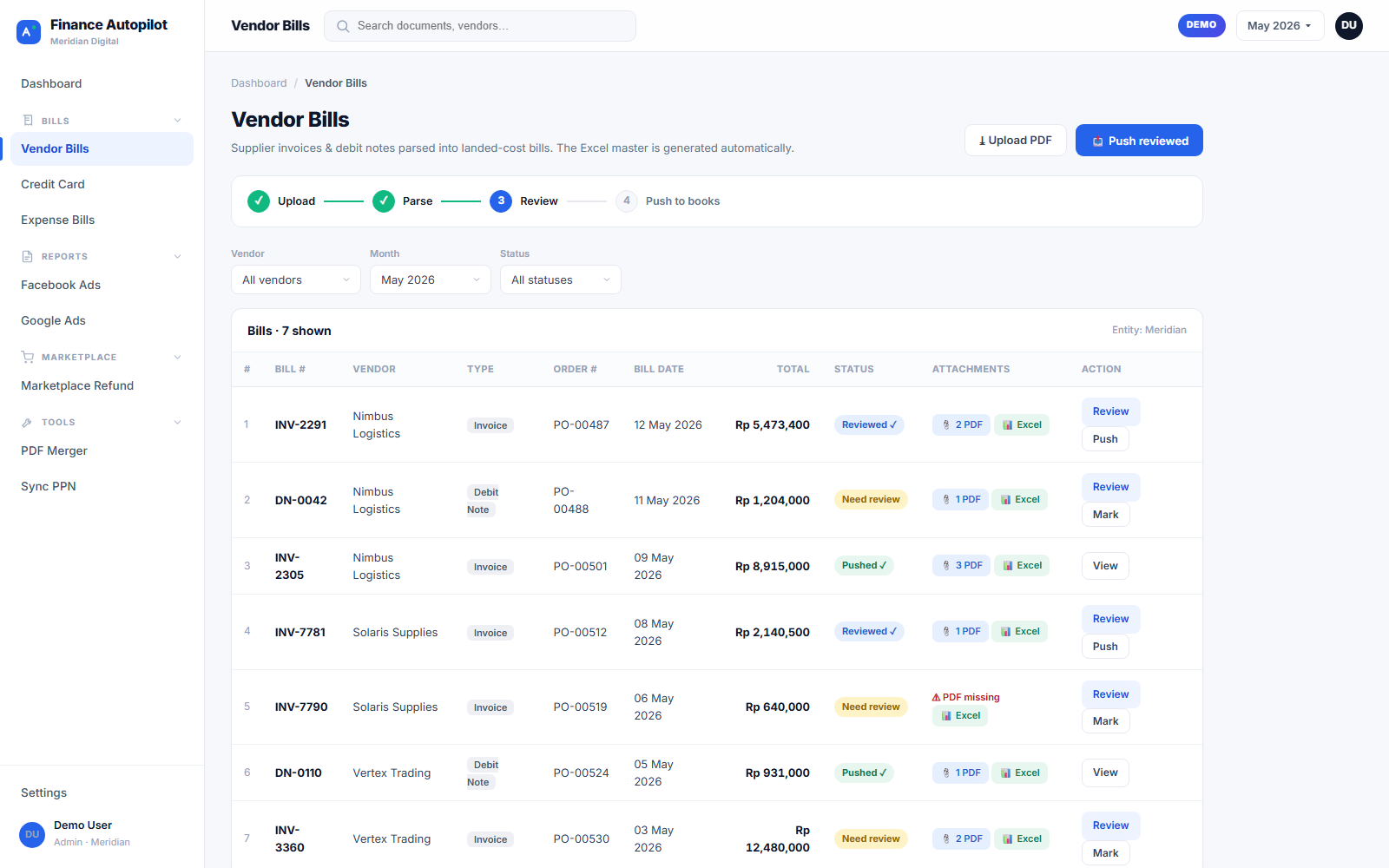 Finance Autopilot vendor bills list with vendor filter and attachment preview
