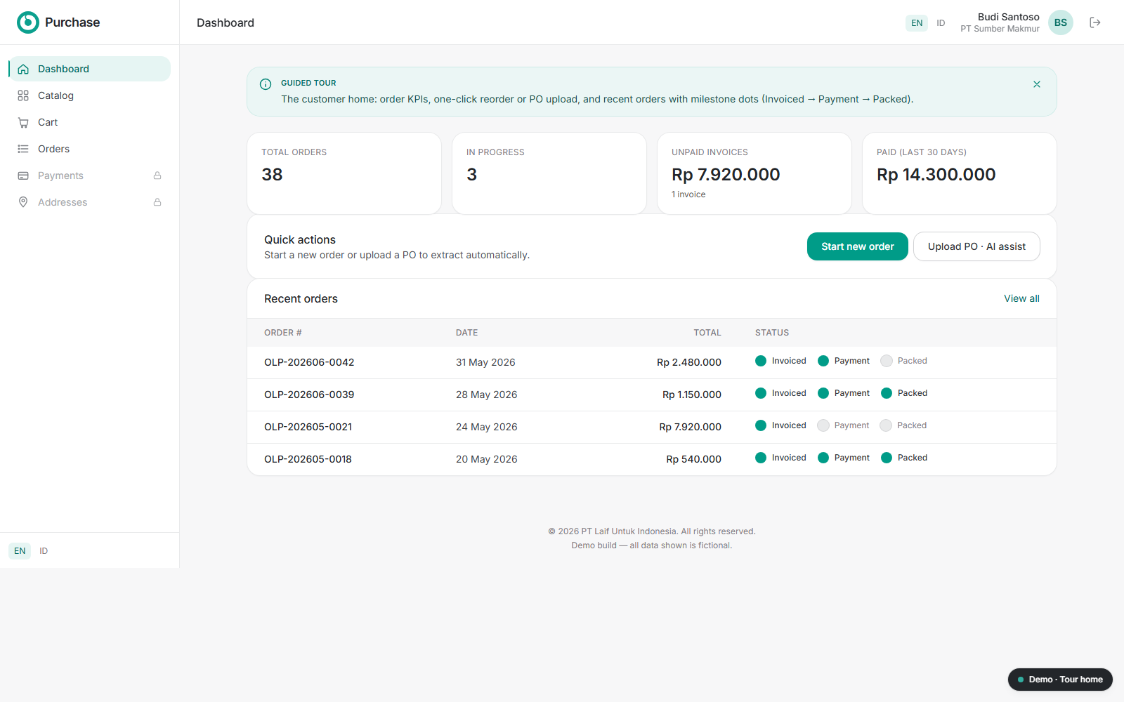 Olaif Purchase — A dashboard customers actually use