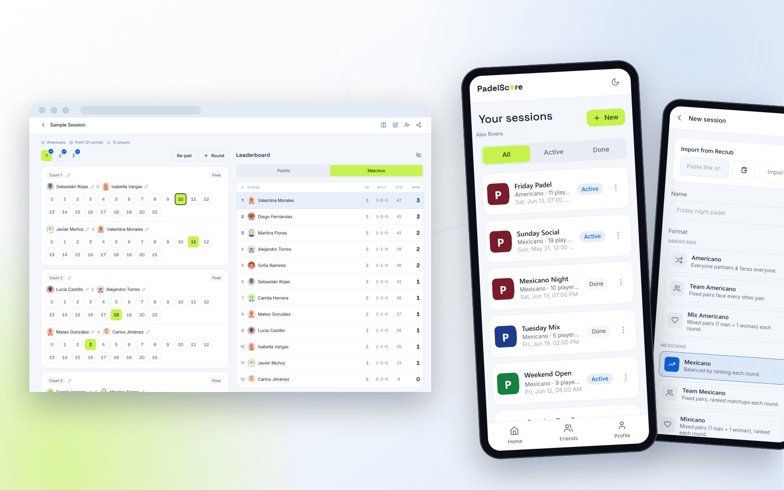 The same PadelScore product running as a browser window and two phones