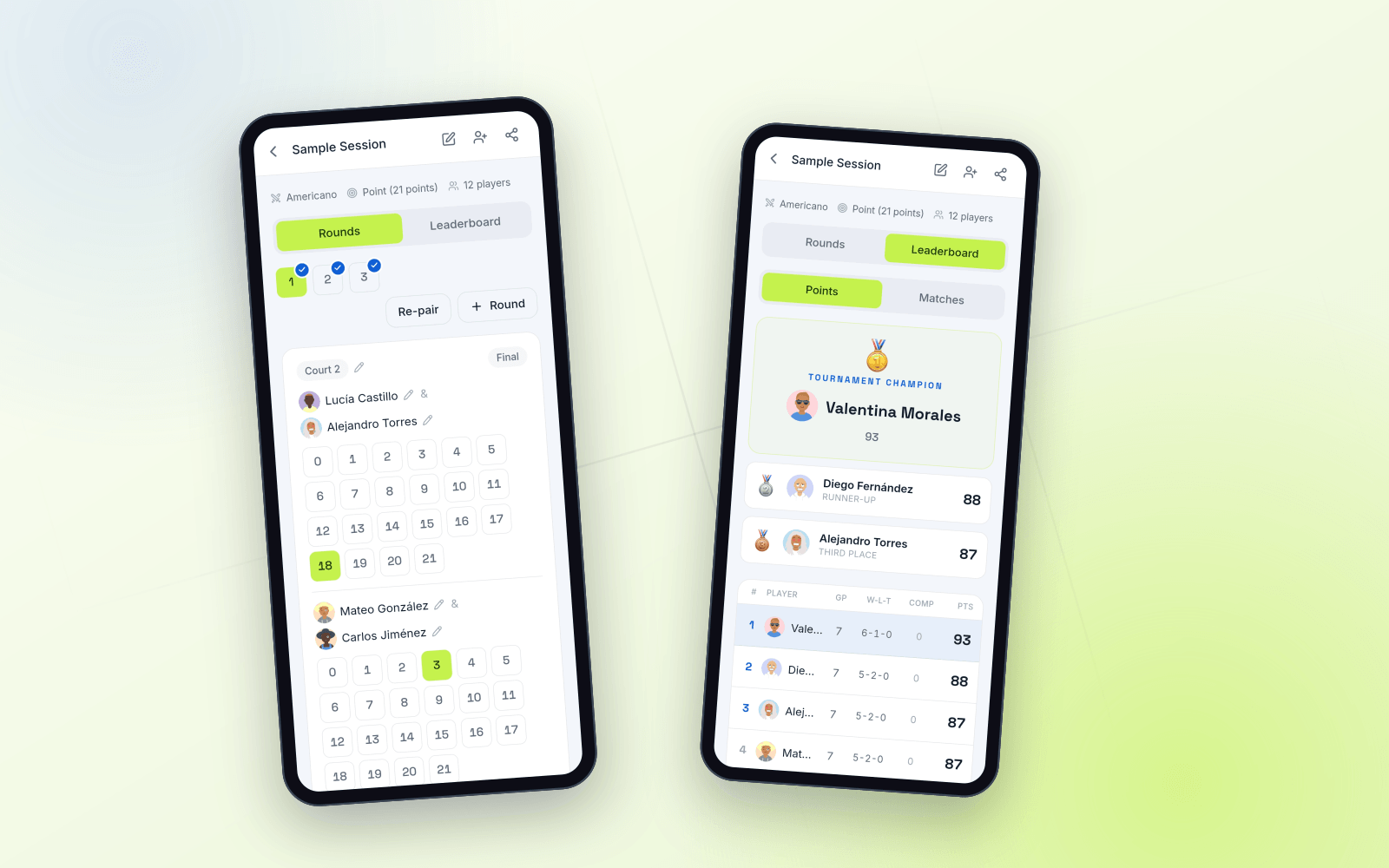 Tap-to-score on a live PadelScore round, next to the session leaderboard with its champion and runner-up