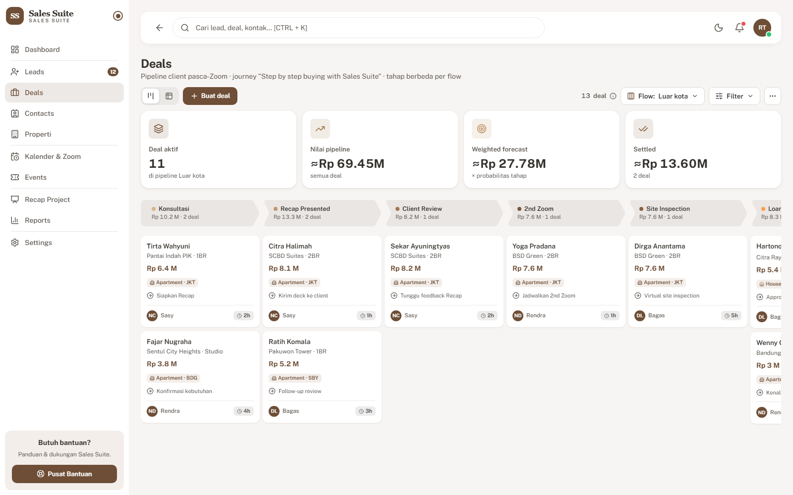 Sales Suite deal pipeline board with stage columns and deal values