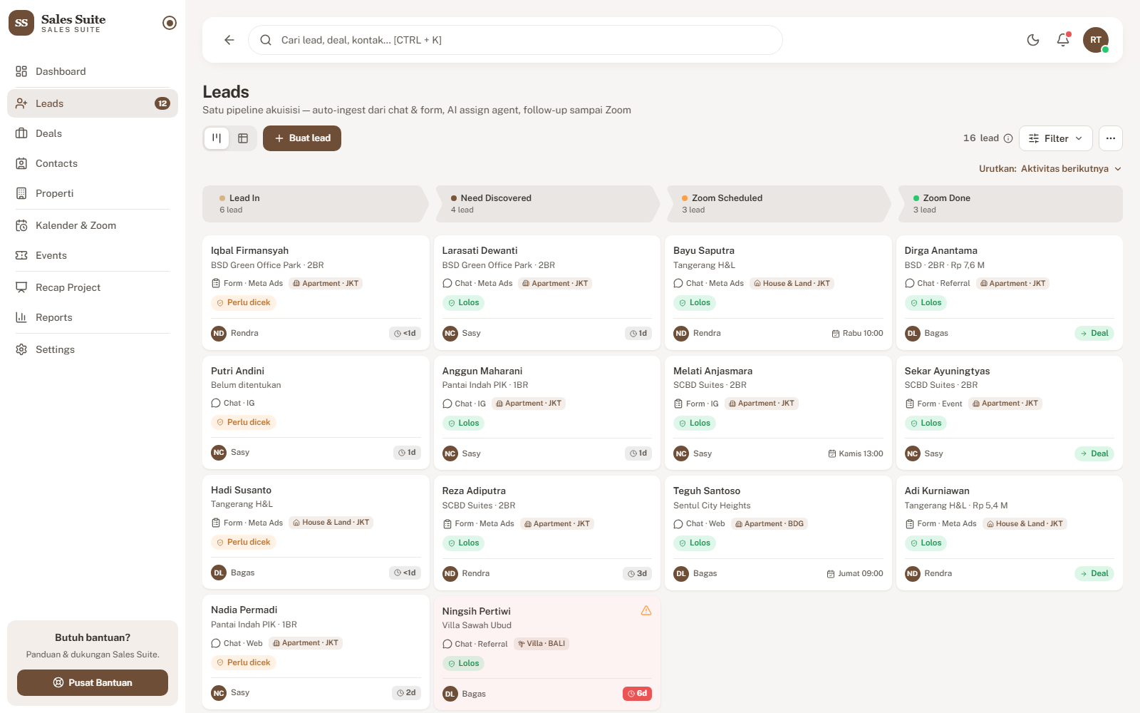 Sales Suite lead funnel board with stages from Lead In to Zoom Done
