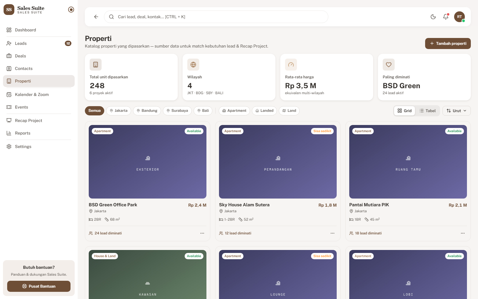 Sales Suite property catalog with region filters and lead counts on each card
