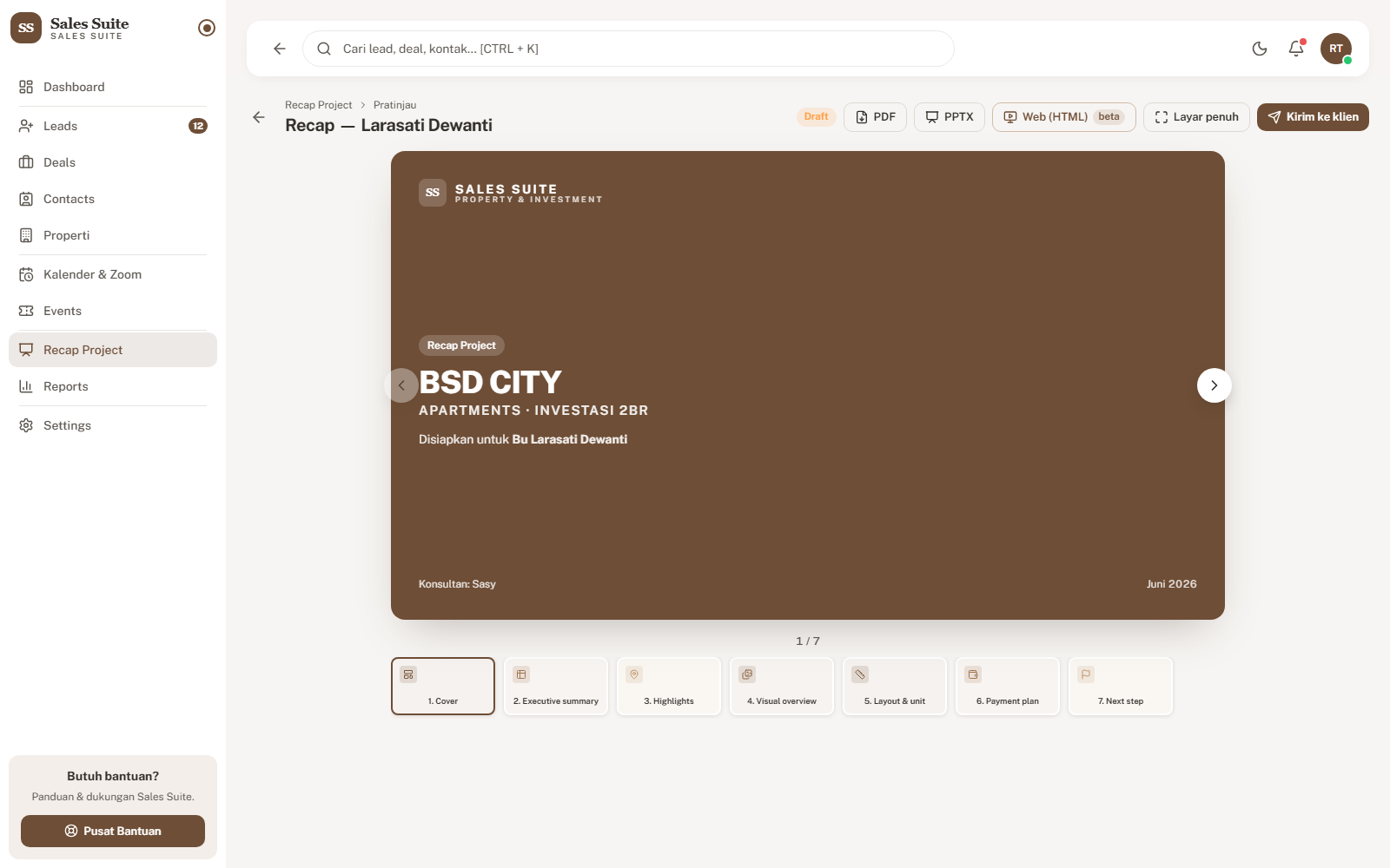 Sales Suite client-facing recap deck preview with property and payment slides