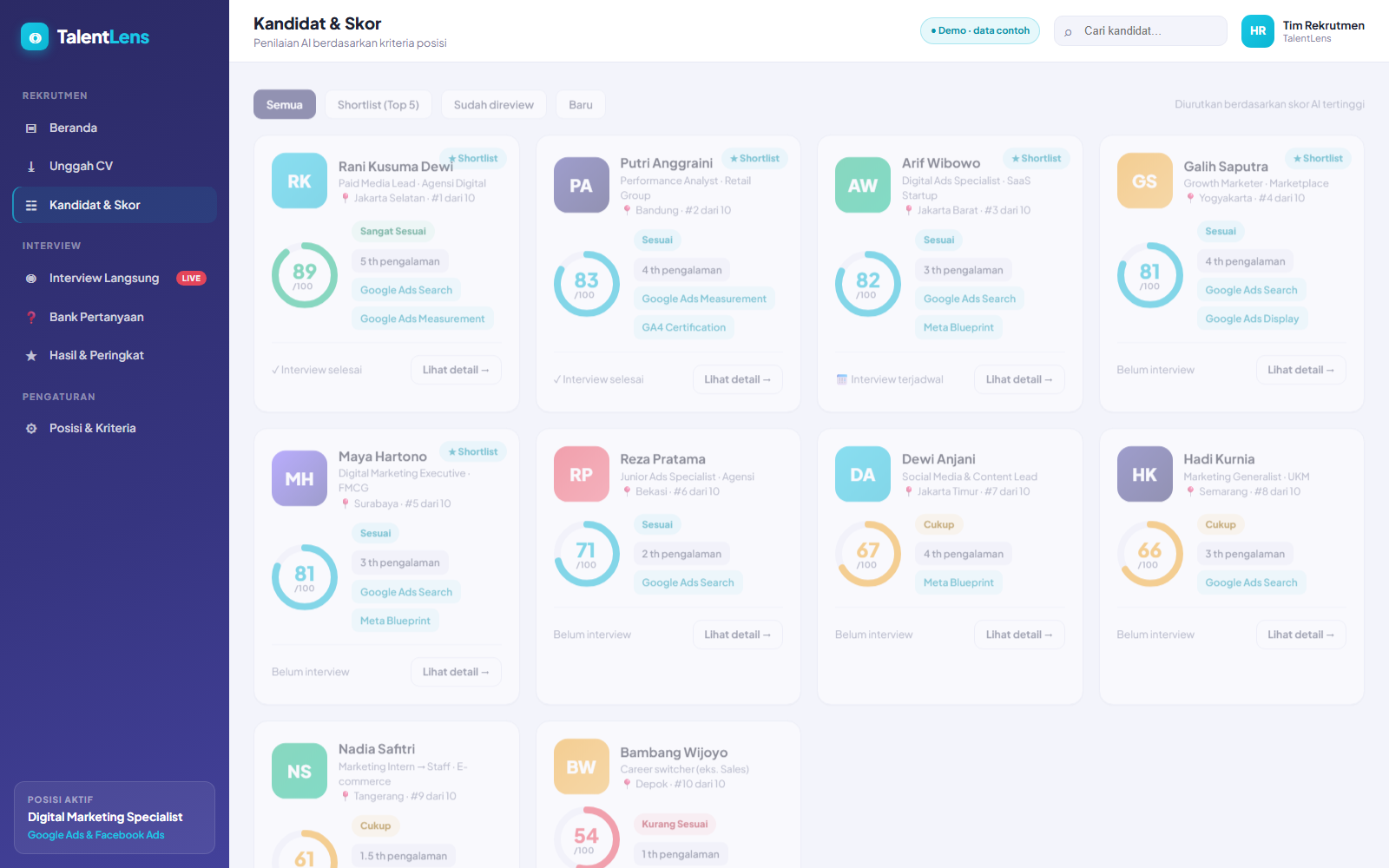 TalentLens AI CV scoring with a ranked candidate shortlist