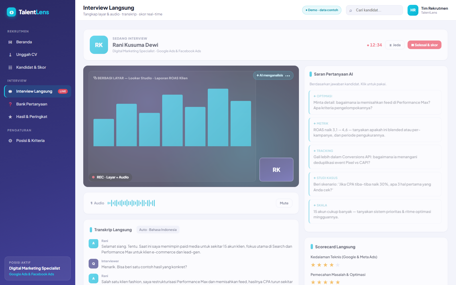 TalentLens live interview console with transcript and AI questions