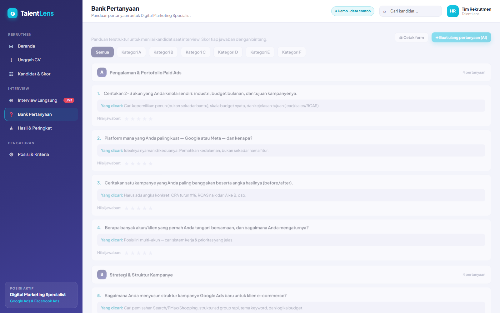 TalentLens interview question bank with scoring