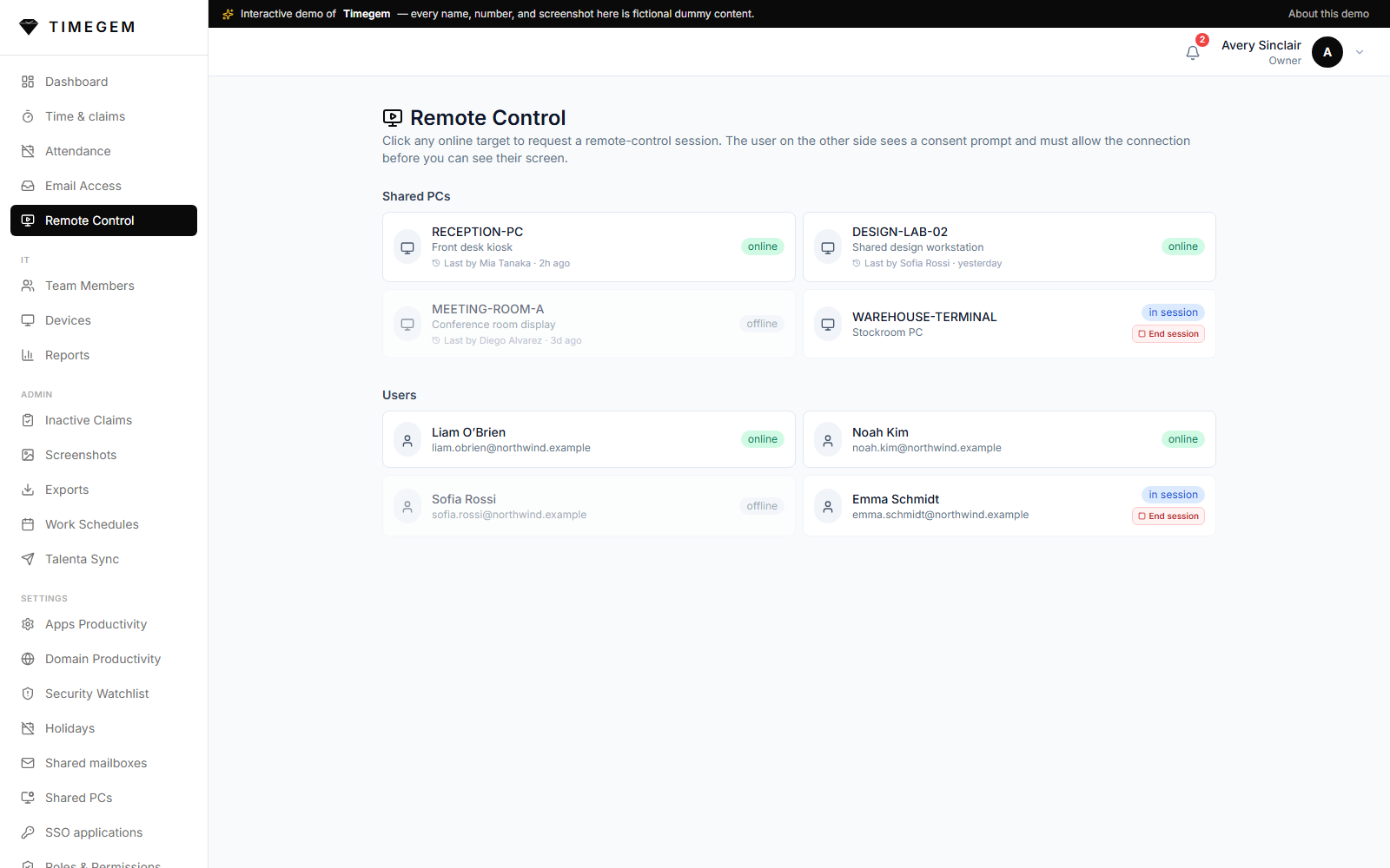 Timegem — Remote support & Shared PCs, built in.