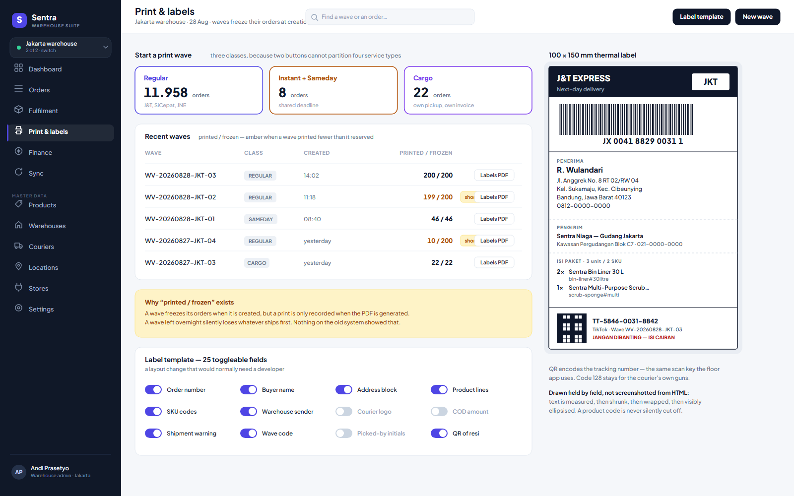 Print wave screen with three courier-speed batch buttons and a wave table, beside a rendered 100 by 150 millimetre thermal shipping label.