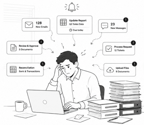 An overwhelmed employee buried in manual tasks: emails, document reviews, reconciliation, and ticket requests