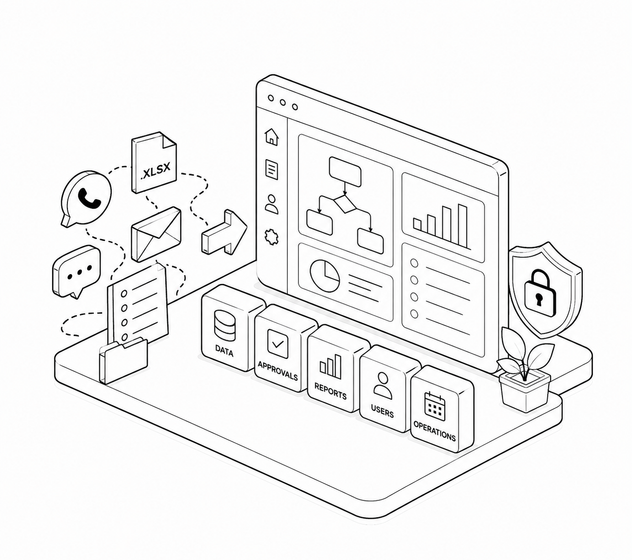 Custom dashboard consolidating data, approvals, reports, users and operations
